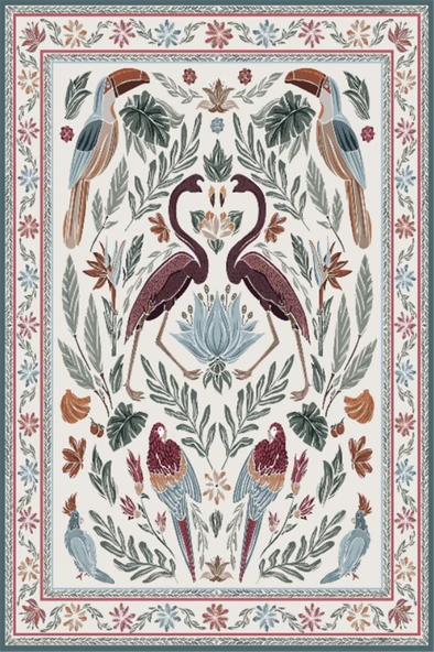 Dijital Baskılı Renkli Flamingo Desenli  Kaymaz Taban Yıkanabilir Halı 160 x 230 cm Çok Renkli ürün görseli 1