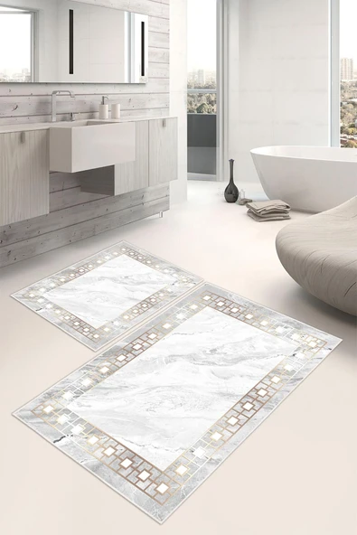 Dijital Baskı Klasik Çerçeveli Kaymaz Taban 2li Set Banyo Paspası Klozet Takımı (50x60cm-60x100cm) Tek Ebat Gri ürün görseli 1