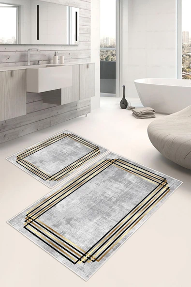 Dijital Baskılı Çerçeveli Kaymaz Taban 2li Set Banyo Paspası Klozet Takımı (50x60cm-60x100cm) Tek Ebat Gri ürün görseli 1