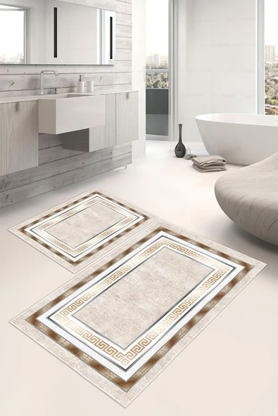 Dijital Baskı Çerçeve Desenli Kaymaz Taban 2li Set Banyo Paspası Klozet Takımı (50x60cm-60x100cm) Tek Ebat Krem ürün görseli 1