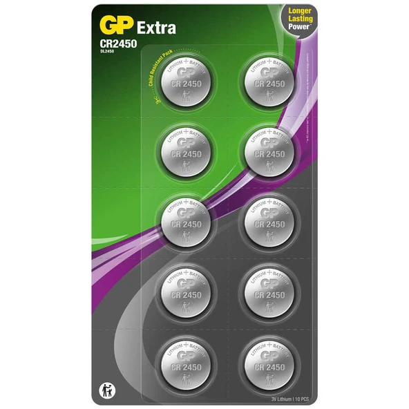 GP Batteries Extra CR2450 Boy Lityum Düğme Pil, 3 Volt, 10'lu Kart ürün görseli 1