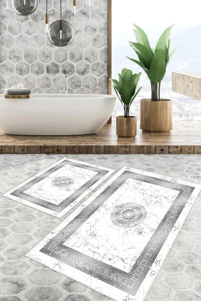 Dijital Baskı Mermer Desen Kaymaz Taban 2li Set Gri Klozet Takımı (50x60cm-60x100cm) Tek Ebat Gri ürün görseli 1