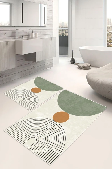 Dijital Baskı Kaymaz Taban Art Serisi 2li Set Banyo Paspası Klozet Takımı (50x60cm-60x100cm) Tek Ebat Krem ürün görseli 1