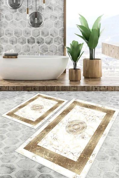 Dijital Baskı Mermer Desen Kaymaz Taban 2li Set Klozet Takımı (50x60cm-60x100cm) Tek Ebat Gold ürün görseli 1