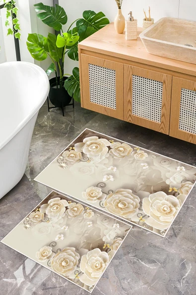 Dijital Baskı Krem Gül Desen Kaymaz Taban 2li Set Banyo Paspası Klozet Takımı (50x60cm-60x100cm) Tek Ebat Krem ürün görseli 1