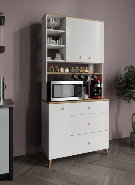 Stella Kahve Köşesi Dolabı Beyaz-Meşe 90cm, Erzak Dolabı, Kiler Dolabı ürün görseli 1