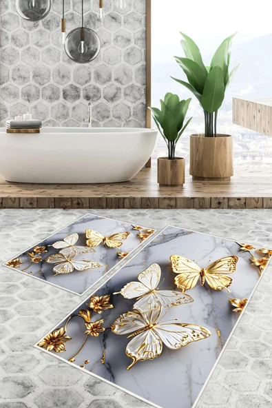 Dijital Baskı Kelebek Desen Kaymaz Taban 2li Set Banyo Paspası Klozet Takımı (50x60cm-60x100cm) Tek Ebat Gri ürün görseli 1