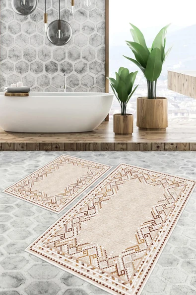 Dijital Baskı Kilim Desen Kaymaz Taban 2li Set Banyo Paspası Klozet Takımı (50x60cm-60x100cm) Tek Ebat Krem ürün görseli 1