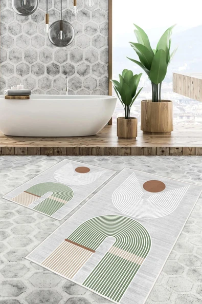 Dijital Baskı Modern Desenli Kaymaz Taban 2li Set Banyo Paspası Klozet Takımı (50x60cm-60x100cm) Tek Ebat Yeşil ürün görseli 1