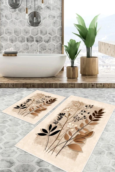 Dijital Baskı Yaprak Desen Kaymaz Taban 2li Set Banyo Paspası Klozet Takımı (50x60cm-60x100cm) Tek Ebat Krem ürün görseli 1