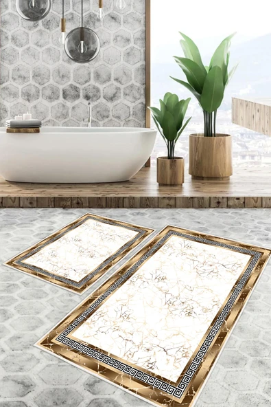 Dijital Baskı Çerçeveli Kaymaz Taban 2li Set Banyo Paspası Klozet Takımı (50x60cm-60x100cm) Tek Ebat Gold ürün görseli 1