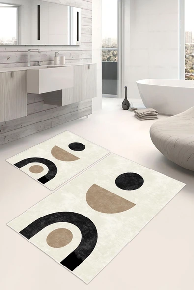 Dijital Baskı Art Serisi Kaymaz Taban 2li Set Banyo Paspası Klozet Takımı (50x60cm-60x100cm) Tek Ebat Krem ürün görseli 1