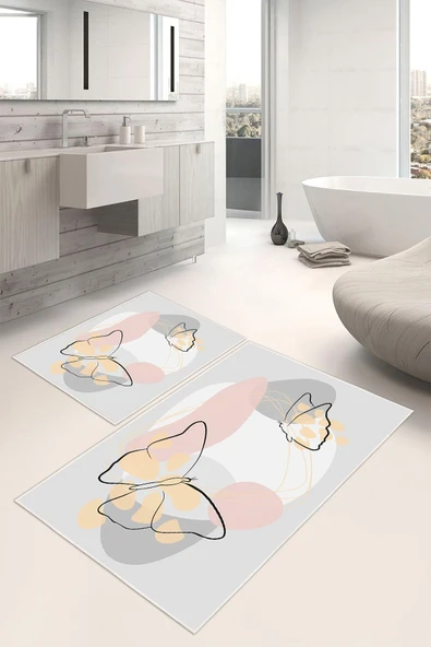 Dijital Baskı Kelebek Desenli Kaymaz Taban 2li Set Banyo Paspası Klozet Takımı (50x60cm-60x100cm) Tek Ebat Gri ürün görseli 1