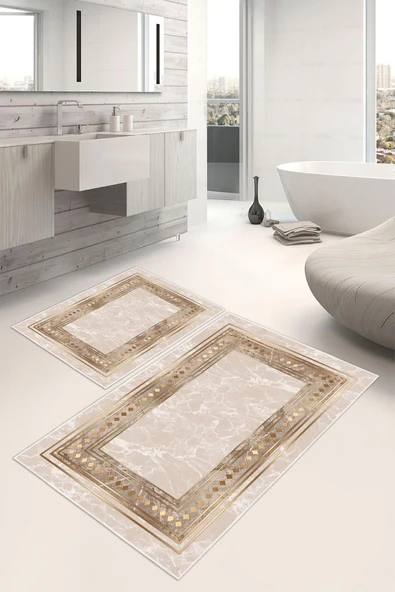 Dijital Baskı Kaymaz Taban Çerçeveli 2li Set Banyo Paspası Klozet Takımı (50x60cm-60x100cm) Tek Ebat Krem ürün görseli 1
