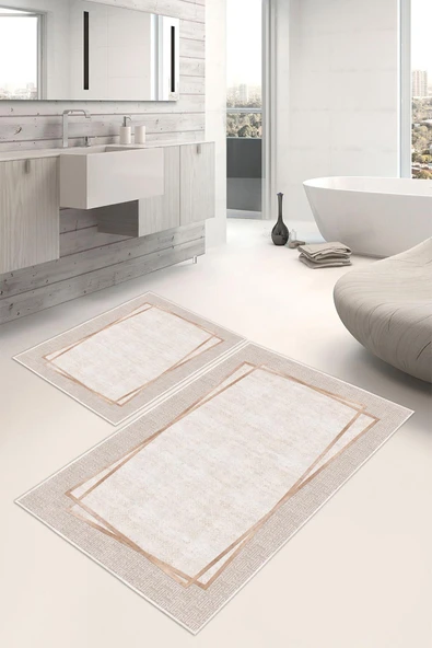 Dijital Baskı Çerçeveli Kaymaz Taban 2li Set Banyo Paspası (50x60cm-60x100cm) Tek Ebat Bej ürün görseli 1