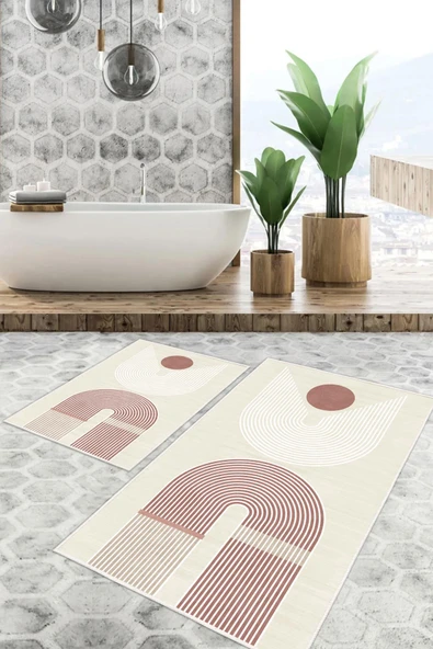 Dijital Baskı Modern Desen Kaymaz Taban 2li Set Banyo Paspası Klozet Takımı (50x60cm-60x100cm) Tek Ebat Pembe ürün görseli 1