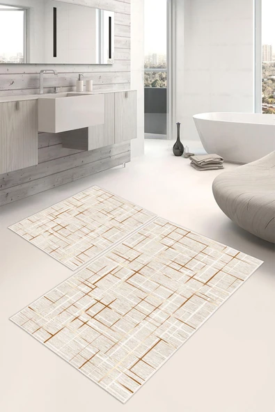 Dijital Baskı Çizgili Desen Kaymaz Taban 2li Set Banyo Paspası Klozet Takımı (50x60cm-60x100cm) Tek Ebat Krem ürün görseli 1
