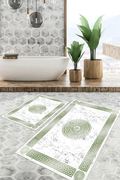 Dijital Baskı Mermer Desenli Kaymaz Taban 2li Set Klozet Takımı (50x60cm-60x100cm) Tek Ebat Yeşil ürün görseli 1