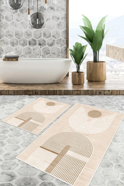 Dijital Baskı Modern Kaymaz Taban 2li Set Banyo Paspası Klozet Takımı (50x60cm-60x100cm) Tek Ebat Krem ürün görseli 1