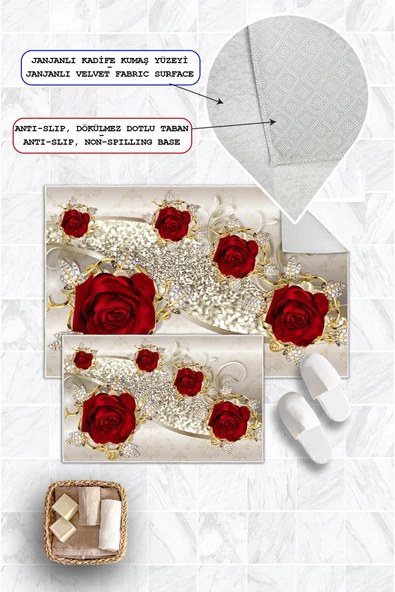Dijital Baskı Gül Desen Kaymaz Taban 2li Set Banyo Paspası Klozet Takımı (50x60cm-60x100cm) Tek Ebat Krem ürün görseli 1