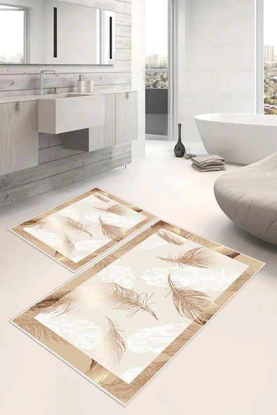 Dijital Baskı Tüy Desen Kaymaz Taban 2li Set Banyo Paspası Klozet Takımı (50x60cm-60x100cm) Tek Ebat Krem ürün görseli 1