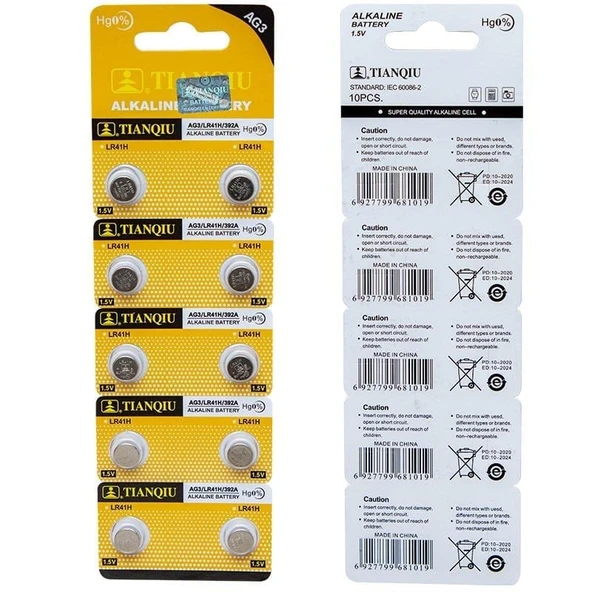 Tianqiu AG3 LR41 Alkalin Saat Pili 10'lu Paket ürün görseli 1