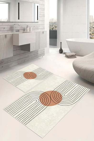 Dijital Baskı Kaymaz Taban Art Seri 2li Set Banyo Paspası Klozet Takımı (50x60cm-60x100cm) Tek Ebat Krem ürün görseli 1