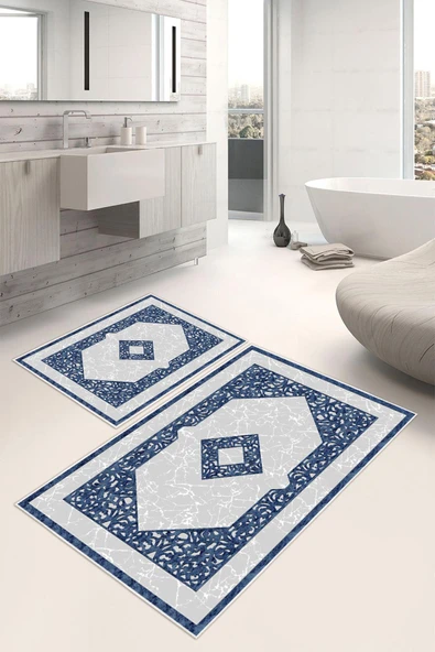 Dijital Baskı Klasik Kaymaz Taban 2li Set Banyo Paspası Klozet Takımı (50x60cm-60x100cm) Tek Ebat Mavi ürün görseli 1