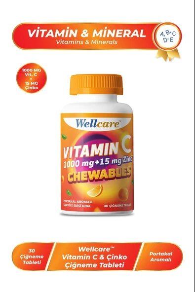 Wellcare Vitamin C 1000 mg + Çinko 15 mg 30 Çiğneme Tableti ürün görseli 1
