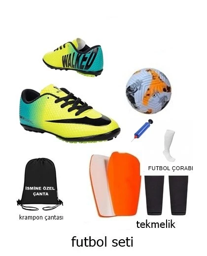 Çocuk Halı Saha Ayakkabısı Ve Full Futbol Seti - İsimli Çanta, Top, Tekmelik, Çorap, Pompa ürün görseli 1