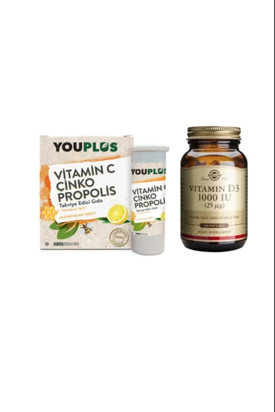 Solgar Vitamin D3 1000 100 Yumuşak Kapsül + Youplus Vitamin C , Çinko Ve Propolis Içeren 20 Efervesan Tablet ürün görseli 1