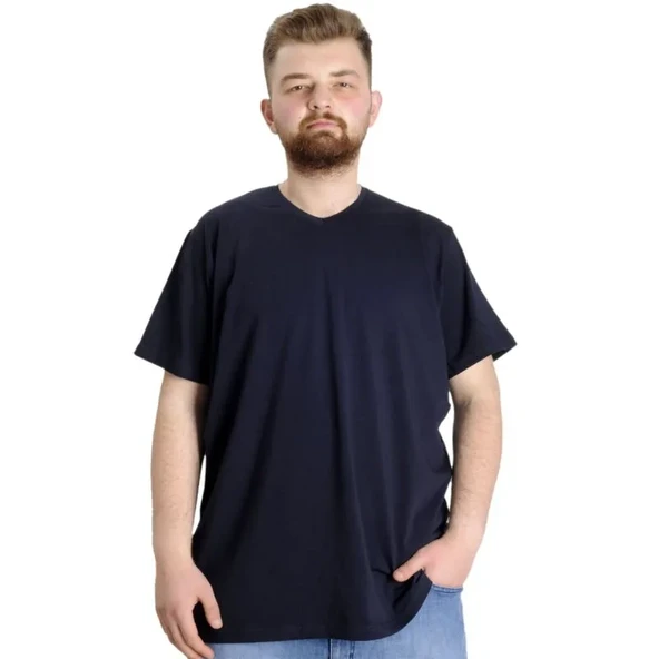 Büyük Beden T-Shirt V Yaka Likralı 20150 Lacivert ürün görseli 1