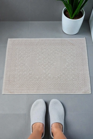 Ayak İzi Desenli 2li Ayak Havlusu - 50x70 cm - Su Emici Banyo Paspası Seti - Krem ürün görseli 1