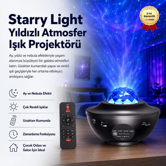 Starry Light Yıldızlı Atmosfer Işık Projektörü Çok Renkli Gökyüzü Efekti Ay ve Nebula Yansıtma Uzaktan Kumandalı Ortam Gece Lambası ürün görseli 1