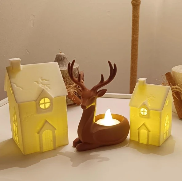 Kış Evleri Geyik Mumluk Noel Yılbaşı Süsü Dekoratif Biblo Tealight Mumluk Seti Mumlar Dahildir ürün görseli 1