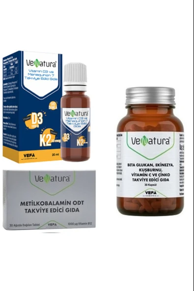 Venatura Beta Glukan 30 Kapsül+Venatura D3 K2 Damla 20 ml+ Venatura Vitamin B12 Metilkobalamin ODT 30 Tablet ürün görseli 1