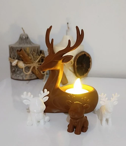 Geyik Mumluk & Mini Geyikler Noel Yılbaşı Süsü Dekoratif Biblo Tealight Mumluk Mum Dahildir ürün görseli 1