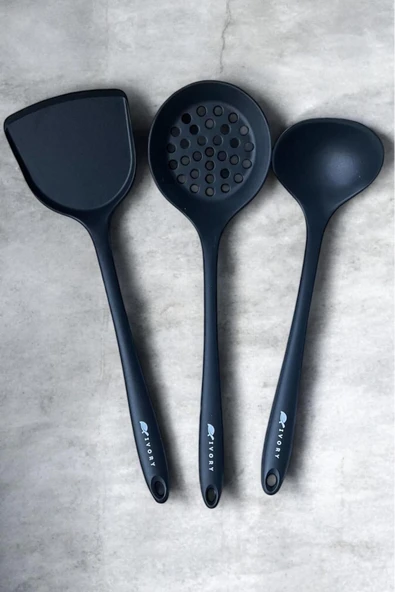 VLKHOME Siyah Ivory Silikon Büyük Boy Kepçe -kevgir -spatula Set ürün görseli 1