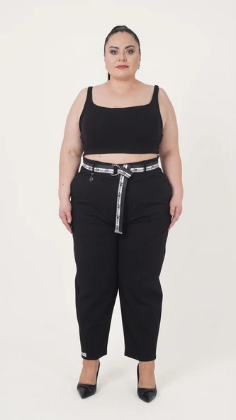 Büyük Beden Mom Kemerli Yüksek Bel Örme Kadın Pantolon ürün görseli 1