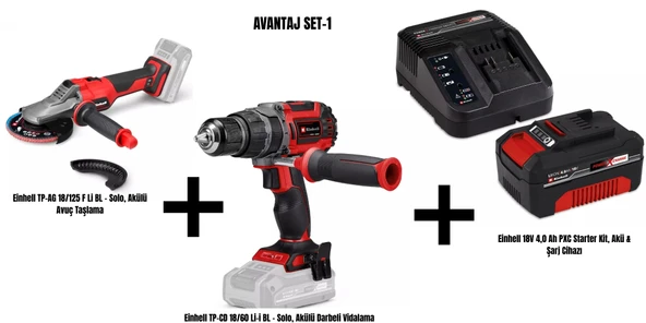 Einhell Avantaj Set-1 (Einhell TP-AG 18/125 F Li BL Akülü Avuç Taşlama+Einhell TP-CD 18/60 Li-i BL Akülü Darbeli Vidalama+Einhell 18V 4,0 Ah PXC Starter Kit, Akü & Şarj Cihazı ürün görseli 1