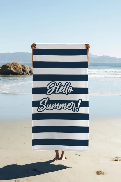 Dijital Baskı Plaj Deniz Havlusu Hello Summer Desenli Peştamal HVL0098 RENKLİ 80 X 160 ürün görseli 1