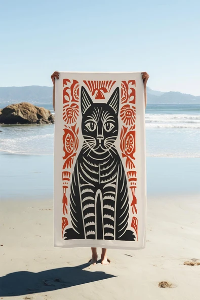 Dijital Baskı Plaj Deniz Havlusu Kedi Desenli Peştamal HVL0139 RENKLİ 80 X 160 ürün görseli 1