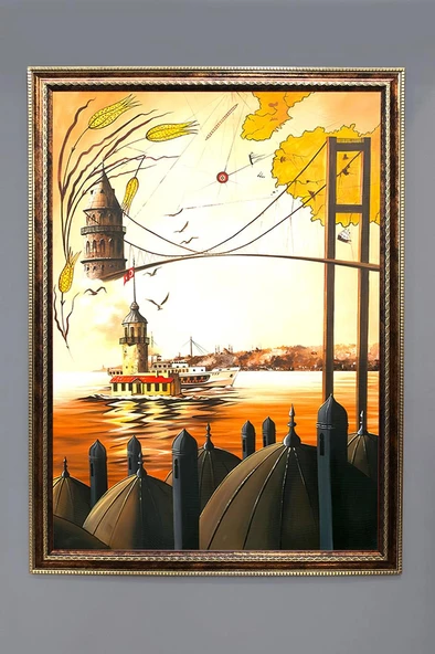 İstanbul Boğazı ve Galata Kulesi Desenli Dijital Baskılı Kadife Kumaş Çerçeveli Tablo TBL0051 RENKLİ 50 X 70 ürün görseli 1