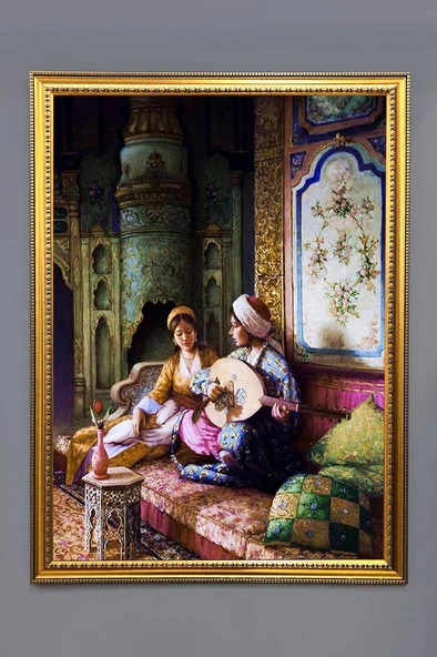 Ud Öğrenen Hanım Sultan Dijital Baskılı Kadife Kumaş Çerçeveli Tablo TBL0054 RENKLİ 50 X 70 ürün görseli 1