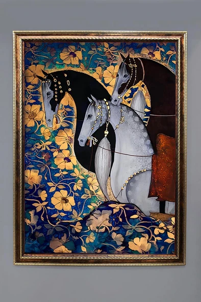 Üç At Desenli Dijital Baskılı Kadife Kumaş Çerçeveli Tablo TBL0048 RENKLİ 50 X 70 ürün görseli 1