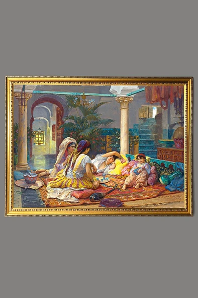 Haremde Yaşam Desenli Dijital Baskılı Kadife Kumaş Çerçeveli Tablo TBL0066 RENKLİ 50 X 70 ürün görseli 1