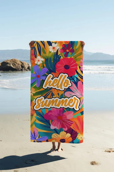Dijital Baskı Plaj Deniz Havlusu Hello Summer Desenli Peştamal HVL0095 RENKLİ 80 X 160 ürün görseli 1