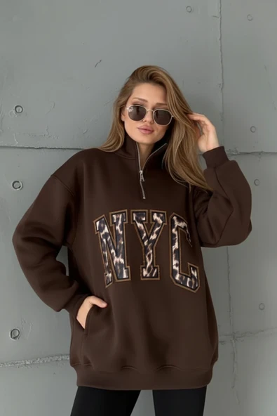 Yarım Fermuarlı Oversize "NYC" Baskılı Sweat ürün görseli 1