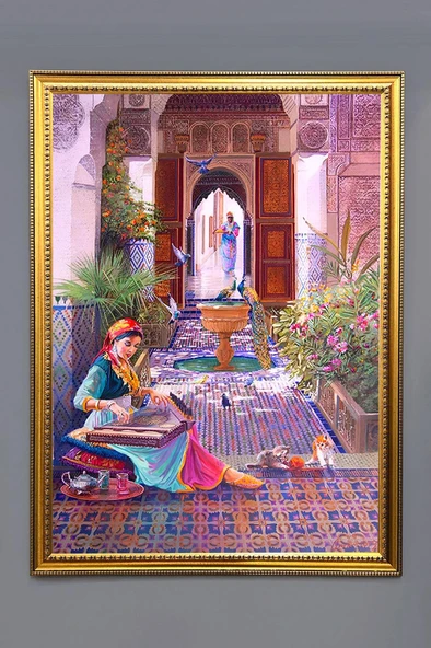 Kanun Çalan Kadın Figürü Desenli Dijital Baskılı Kadife Kumaş Çerçeveli Tablo TBL0015 RENKLİ 50 X 70 ürün görseli 1