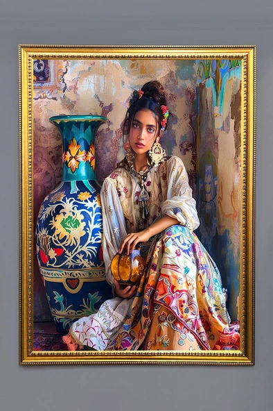Kadın Figürlü Desenli Dijital Baskılı Kadife Kumaş Çerçeveli Tablo TBL0012 RENKLİ 50 X 70 ürün görseli 1